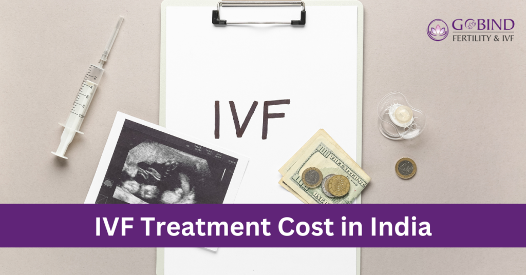Clipboard with “IVF” written on paper, surrounded by a syringe, ultrasound photo, currency notes and coins, and baby pacifier, with text banner reading “IVF Treatment Cost in India” and Gobind Fertility & IVF logo.